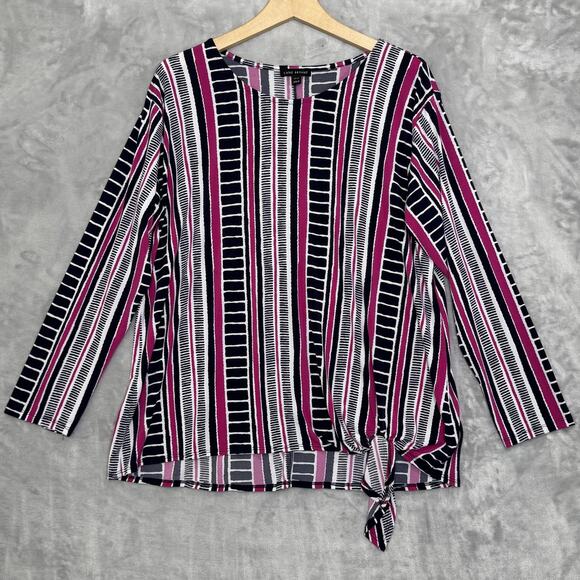 Lane Bryant Shirt Womens 14/16 Pink Black White Stripe Tie Hem Long Sleeve Top - Picture 1 of 12